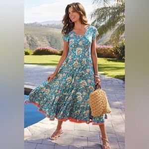 Soft Surroundings Kara Maxi Dress Size XS Fiery Teal Floral Tiered Circle Skirt